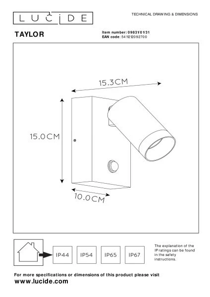 Lucide TAYLOR - Spot mural / Applique mural Intérieur/Extérieur - 1xGU10 - IP54 - Détecteur De Mouvement - Blanc - technique